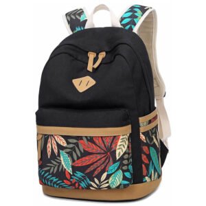 Aulandi Women Backpack Lightweight Canvas Leather Daykpack School Bag Cute Printng Travel Shoulder Bookbags Leaf Black