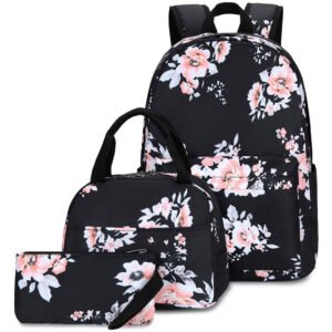 School Backpacks for Teen Girls Lightweight Backpack Bookbags Set (Black Flower)