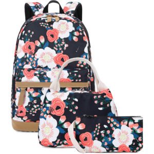 Aulandi Floral Canvas Backpack Set Girls College Bookbag with Lunch Bag and Pencil Bag