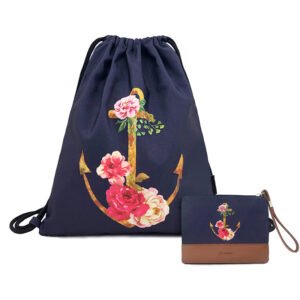 Leapop Drawstring Bag Gym Bag Vegan Leather Sport Backpack with a Coin Purse (Navy Blue Anchor Flower)